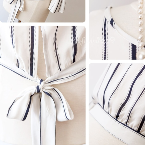 Last☝️ Ivory Navy Striped Tie Back Crop Blouse Top - Picture 6 of 8